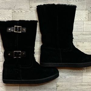 Tory Burch 
Black Shearling Fur Lined Suede Boots with Buckles